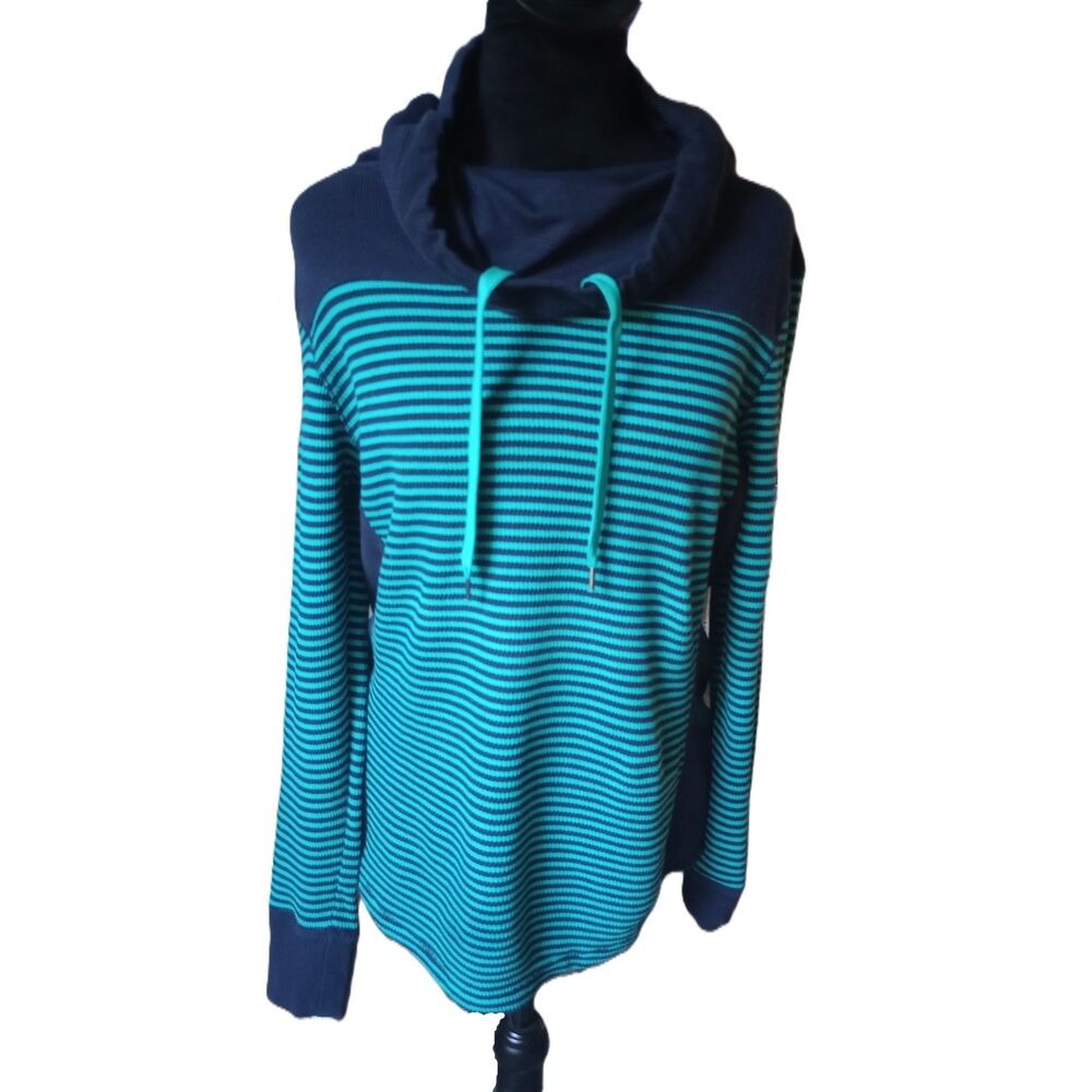 Eddie Bauer Women's L Blue/Green Striped Waffle Knit Thermal Top W/ Funnel Neck